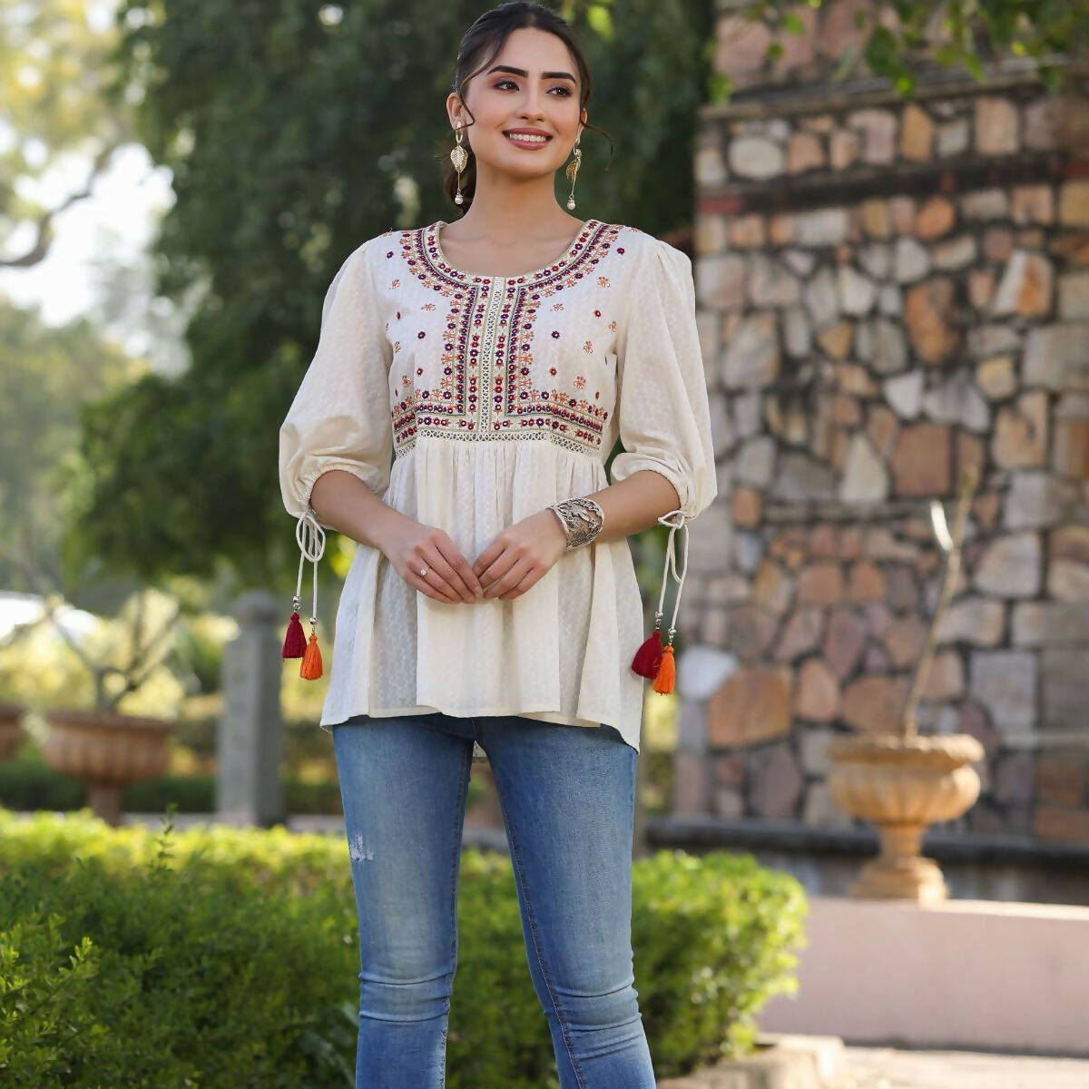 Juniper Women's Offwhite Cotton Solid With Embroidered Straight Tunic | Grocsy