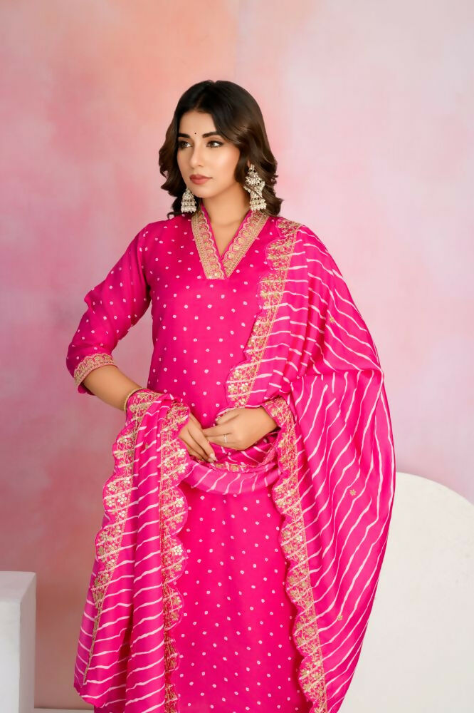 Ethnic Festive Wear Viscose Chanderi Pink Stitched Suit With Dupatta - Tanisha | Grocsy