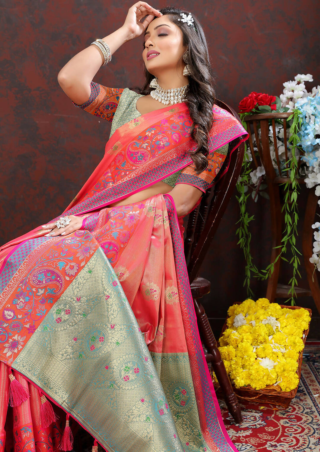 Lorenvalley Fashion Peach Kanjivaram Silk Woven Design with Zari Weaving Saree | Grocsy
