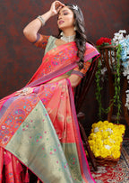 Lorenvalley Fashion Peach Kanjivaram Silk Woven Design with Zari Weaving Saree | Grocsy