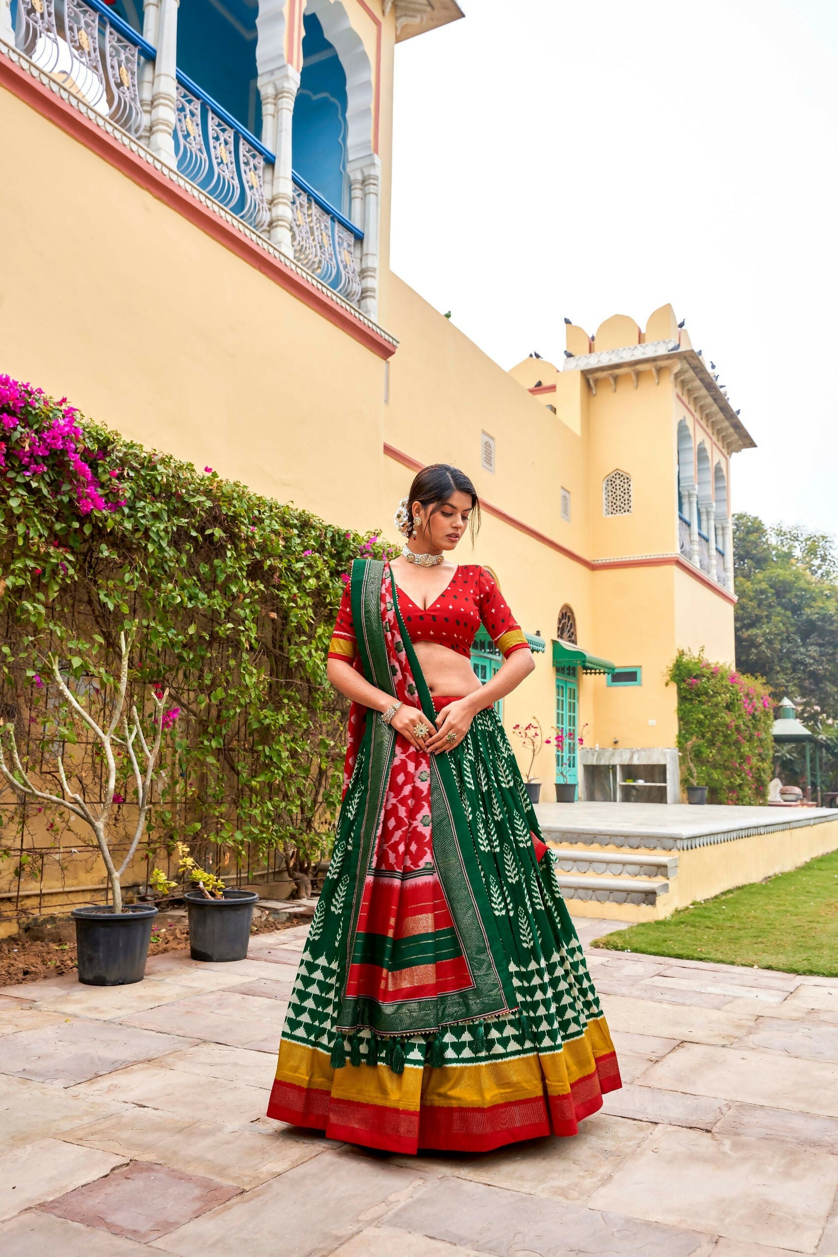 Vastranavya Printed and Foil Work Tussar Silk Lehenga with Unstitched Blouse - Green | Grocsy