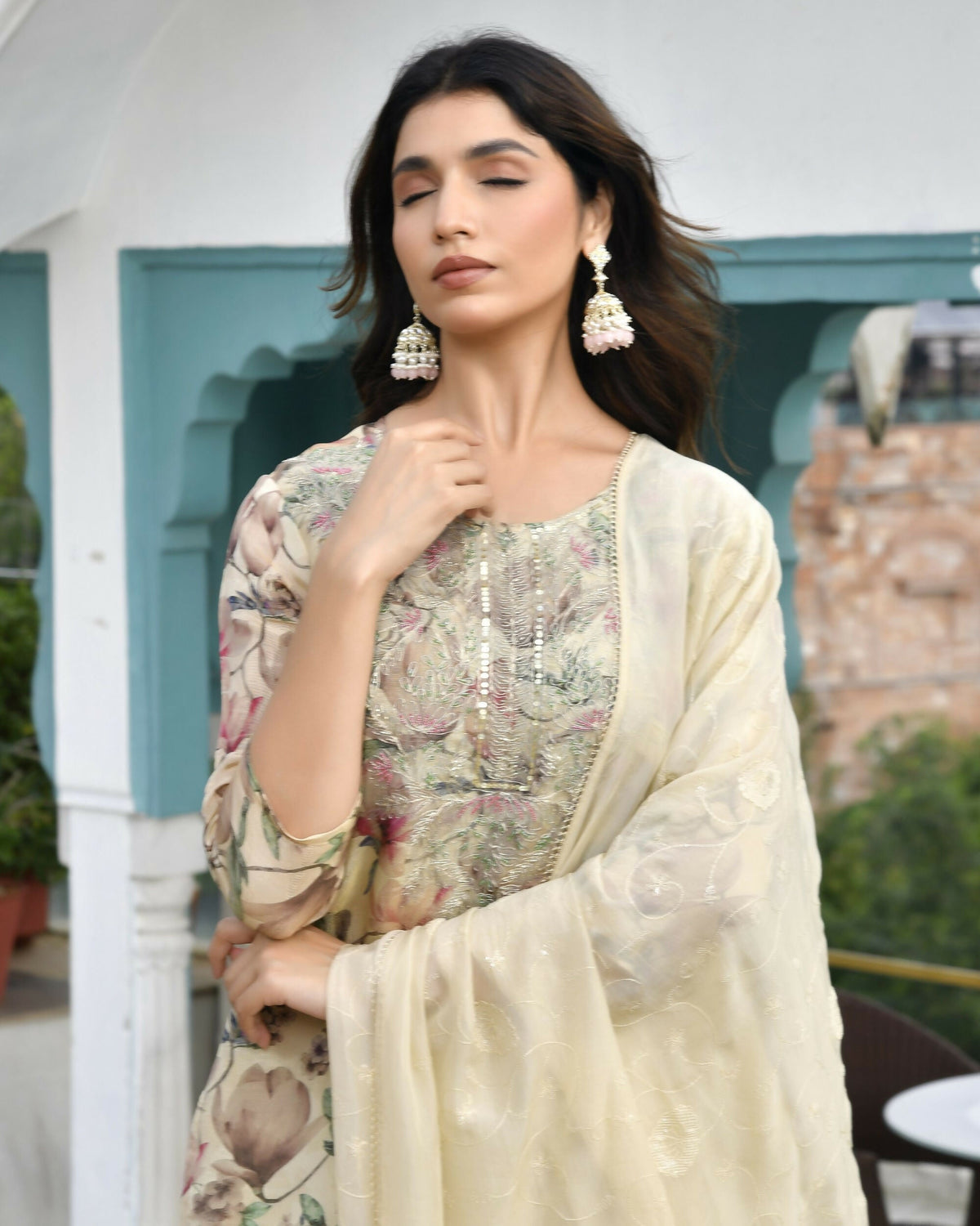 Vaasva Women's Cream Tissue Embroidered Suit Set With Solid Pant And Embroidered Dupatta | Grocsy