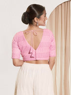 Joban Fashion Baby Pink Crochet Padded Blouse With V Neck Elbow Sleeves | Grocsy