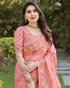 Vastranavya Luxury and Beautiful Soft, Smooth, Flowing Original Pashmina Soft Cotton Saree with Matching Blouse Fabric - Peach | Grocsy