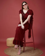 Maroon Imported Crush Solid Ready to Wear Saree with stitched Blouse - Aayan | Grocsy
