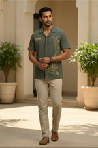 Echo — Green Music Embroidered Cotton Shirt by Hilo Design | Grocsy