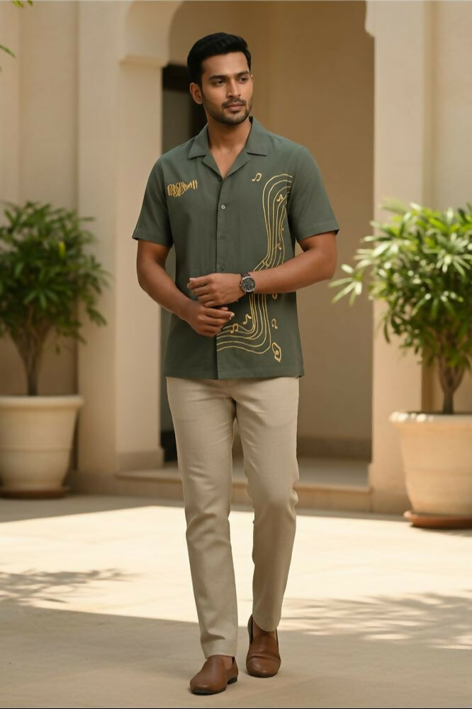 Echo — Green Music Embroidered Cotton Shirt by Hilo Design | Grocsy
