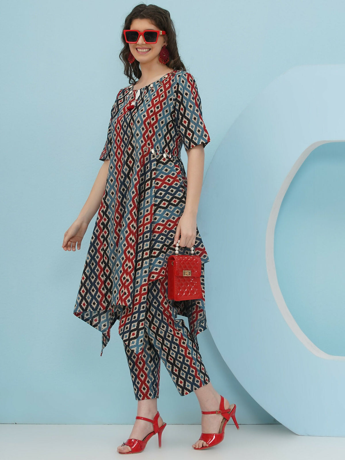 Joban Fashion Ikkat Printed Co Ord Set - Blue Red | Grocsy