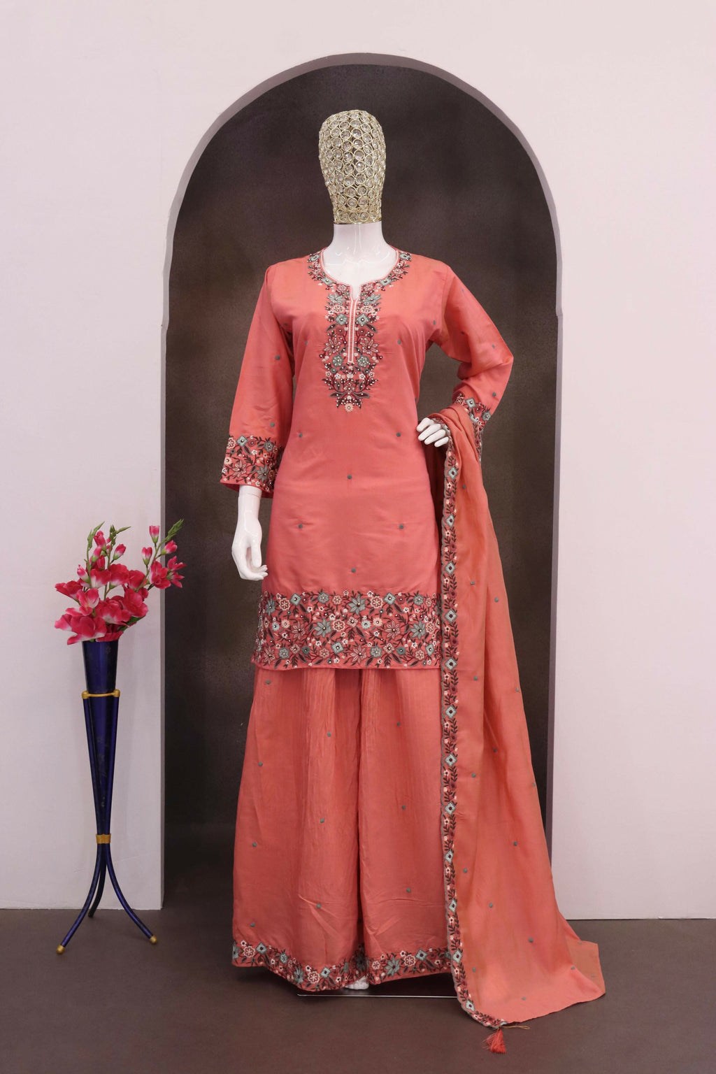 Anaita Peach Simar with Embroidery Multi & Zarkhan Work Readymade Palazzo suit | Grocsy