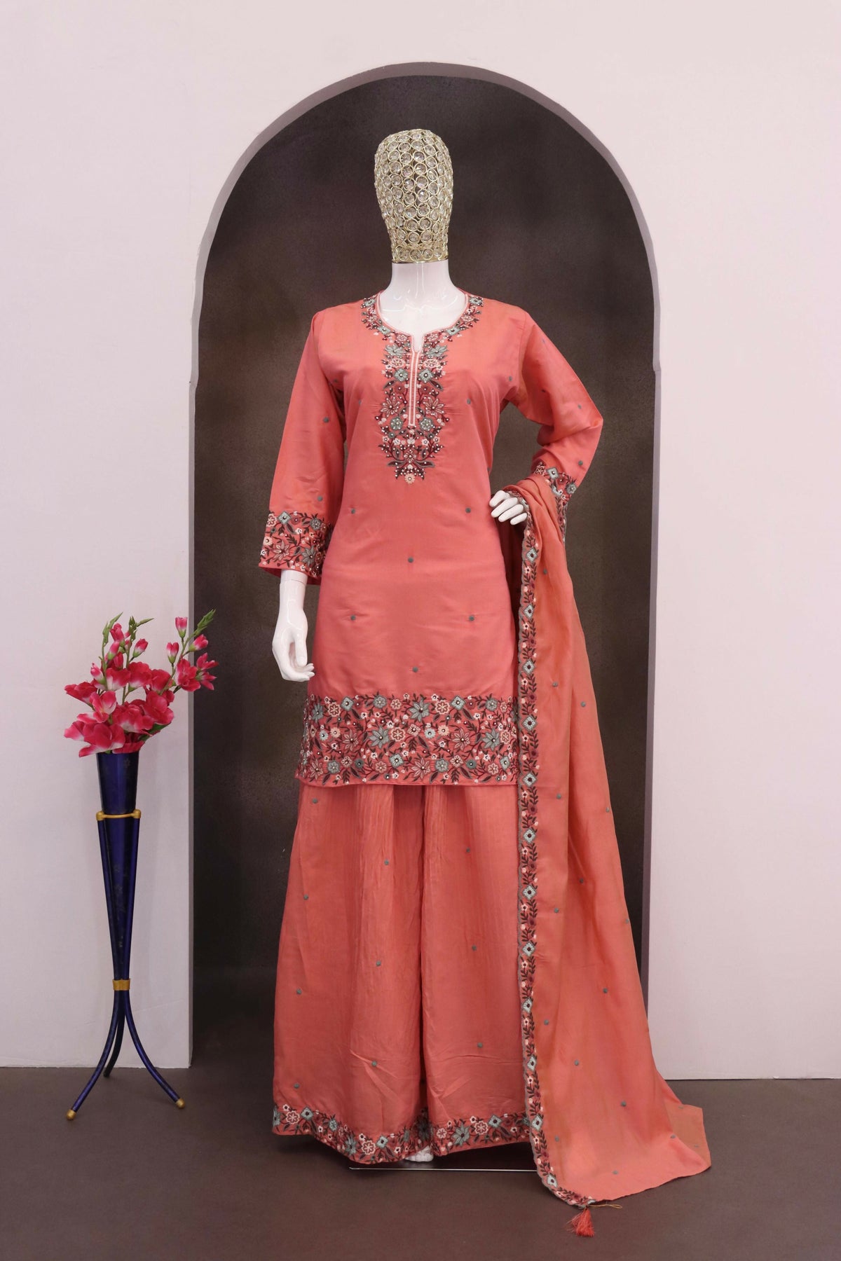 Anaita Peach Simar with Embroidery Multi & Zarkhan Work Readymade Palazzo suit | Grocsy