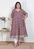 Miravan Plus Size Women'S Cream Embroidered Cotton Anarkali Kurta  | Grocsy