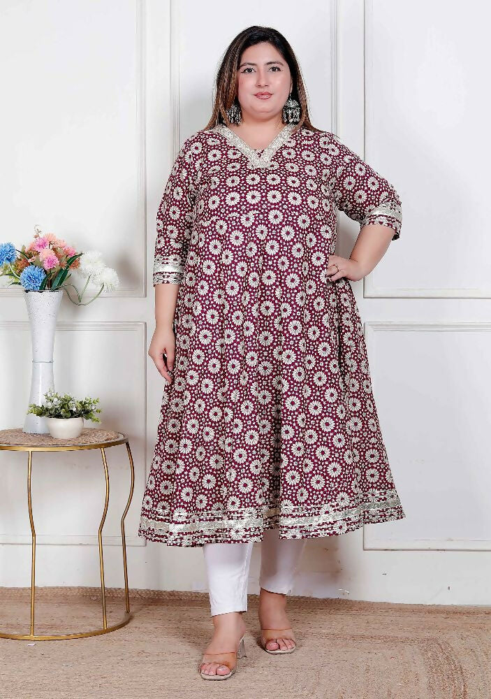 Miravan Plus Size Women'S Cream Embroidered Cotton Anarkali Kurta  | Grocsy