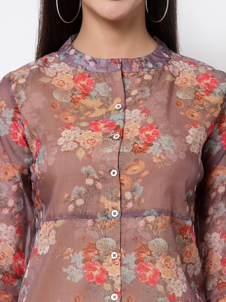 Myshka Women's Organza Printed Printed 3/4 Sleeve Round Neck Casual Multicolor Tunic | Grocsy