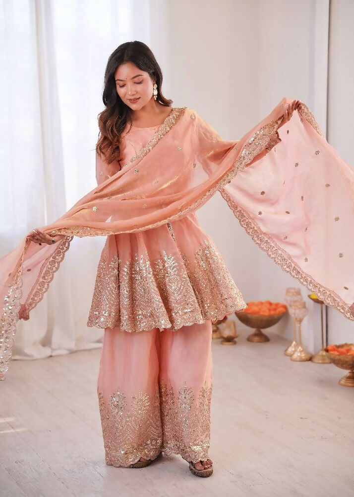 Teeya Creation Light Peach Color Fendy Satin Silk Embroidery Work Party Wear Salwar Suit | Grocsy