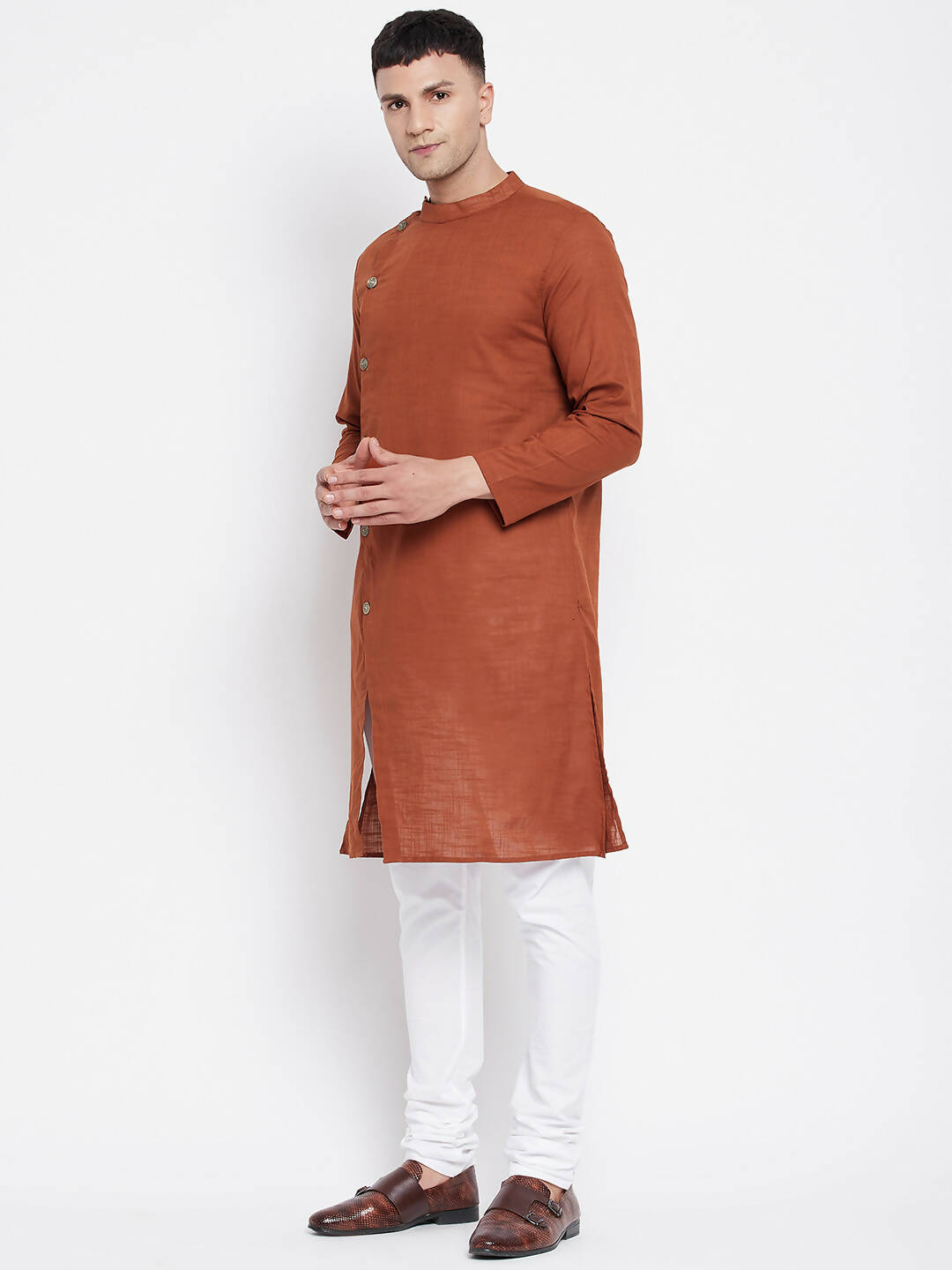 Even Apparels Brown Pure Cotton Men's Sherwani Kurta With Asymetrical Cut | Grocsy