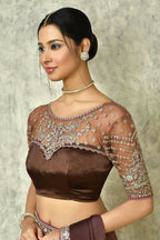 Brown Silk Plain Saree with Blouse Piece - Purvi | Grocsy