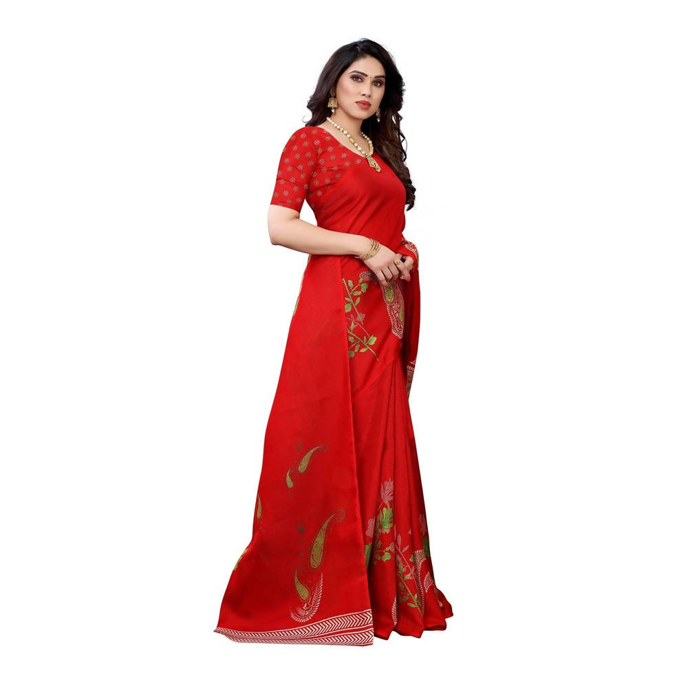 Vamika Printed Jute Silk Red Saree (Leo Red) | Grocsy