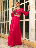 Janasya Pink Georgette Embroidered Top & Skirt | Grocsy