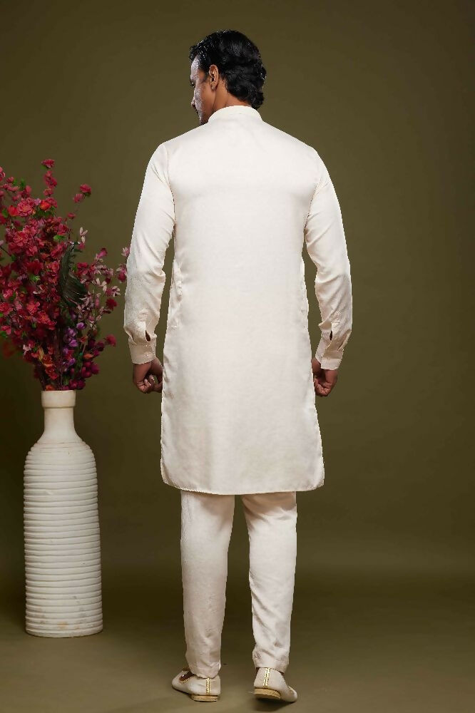 Raivat Ethnic Art Banarasi Silk Thread Work Kurta Pajama In Cream Colour | Grocsy