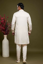 Raivat Ethnic Art Banarasi Silk Thread Work Kurta Pajama In Cream Colour | Grocsy