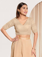 Joban Fashion Gold Crochet Padded Blouse With V Neck Elbow Sleeves | Grocsy