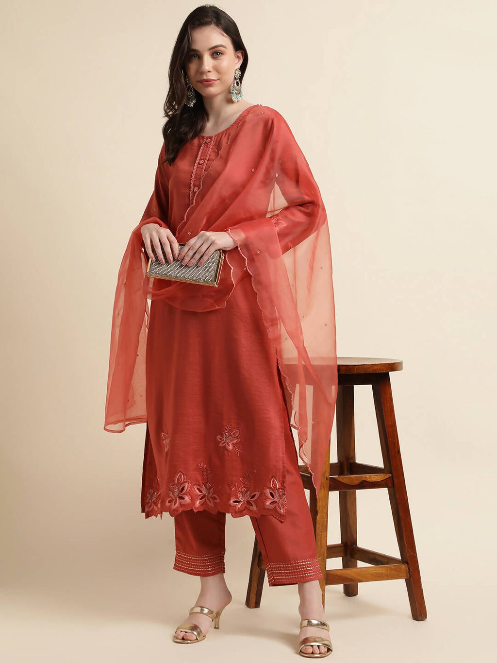 Orange Chinon Silk Embroidered Straight Kurta with Trouser & Dupatta - Salimar | Grocsy