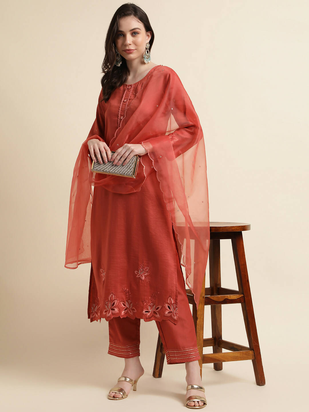 Orange Chinon Silk Embroidered Straight Kurta with Trouser & Dupatta - Salimar | Grocsy