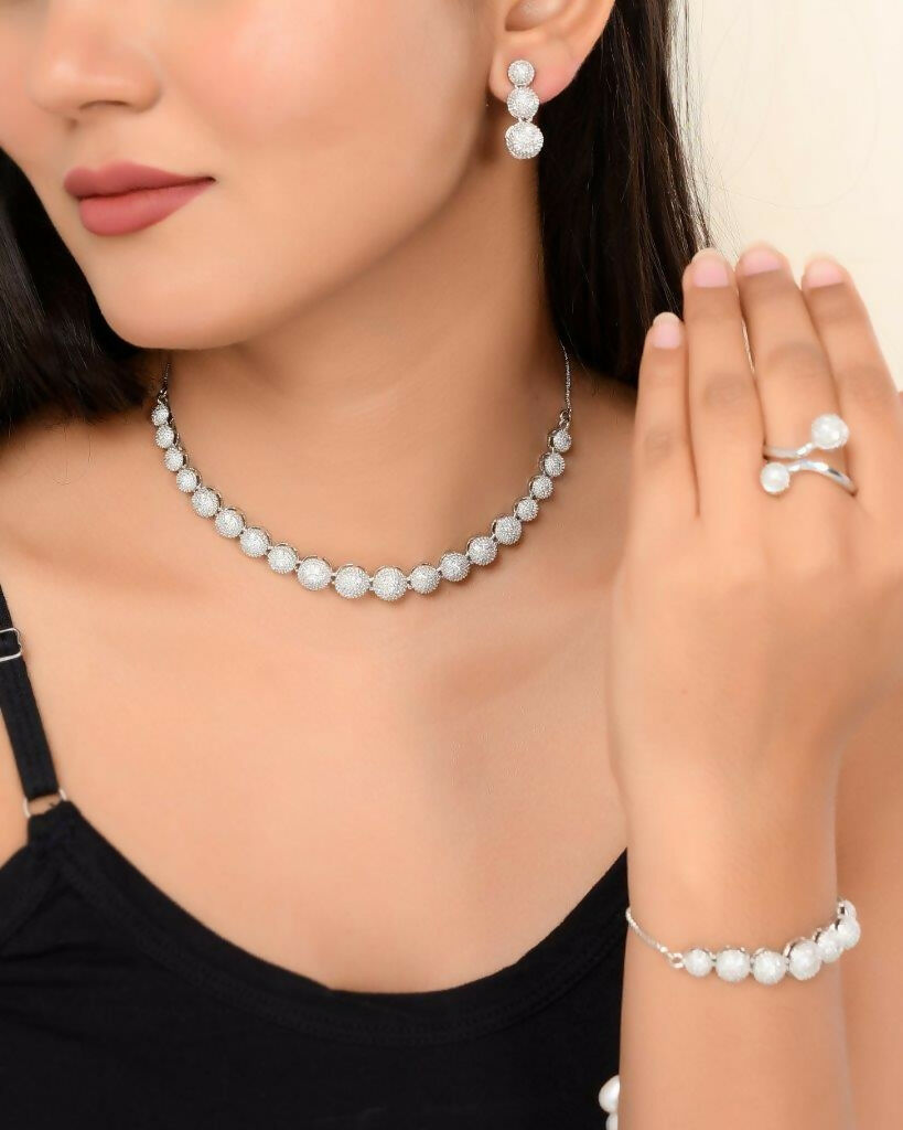 VOJ Silver Plated AD studded Necklace, Earrings With Ring And bracelet | Grocsy