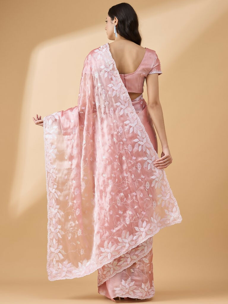 Peach Tissue Slub Embroidered Saree with Unstitched Blouse - Vairagi | Grocsy