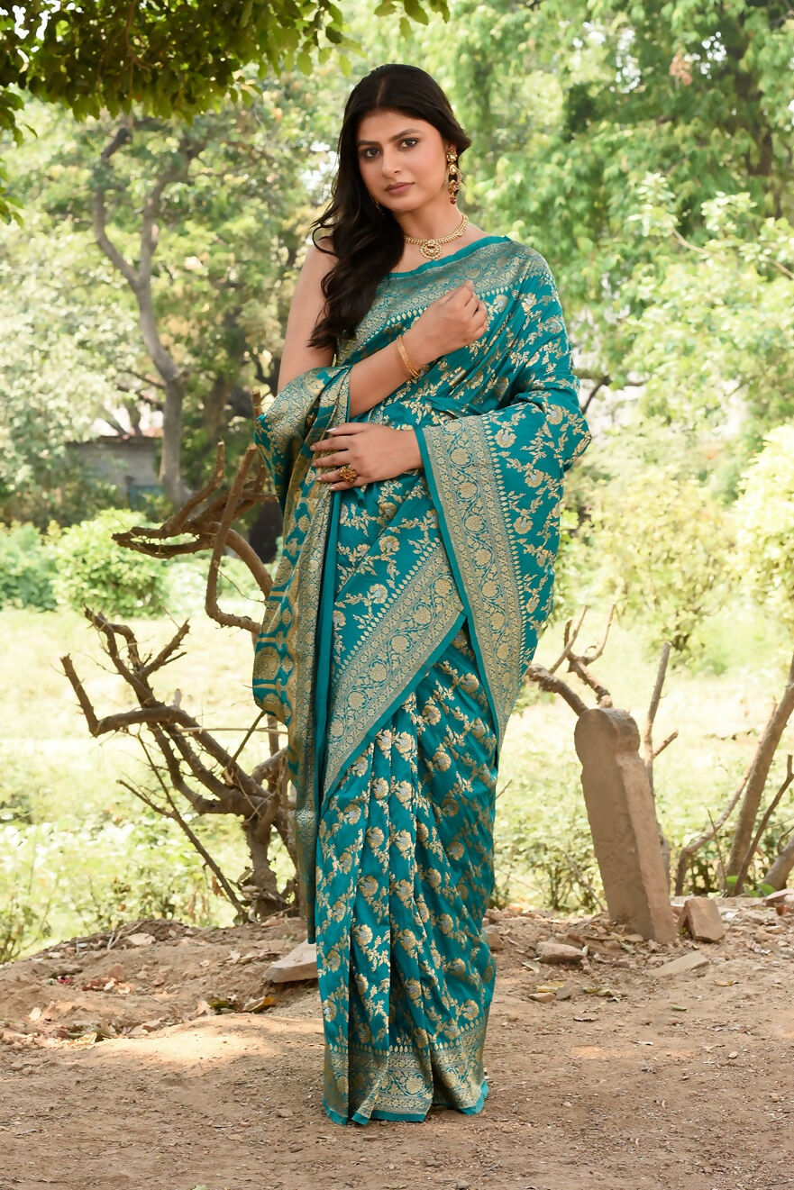Joban Fashion Green Banarasi Soft Pure Handloom Banarasi Silk Saree | Grocsy