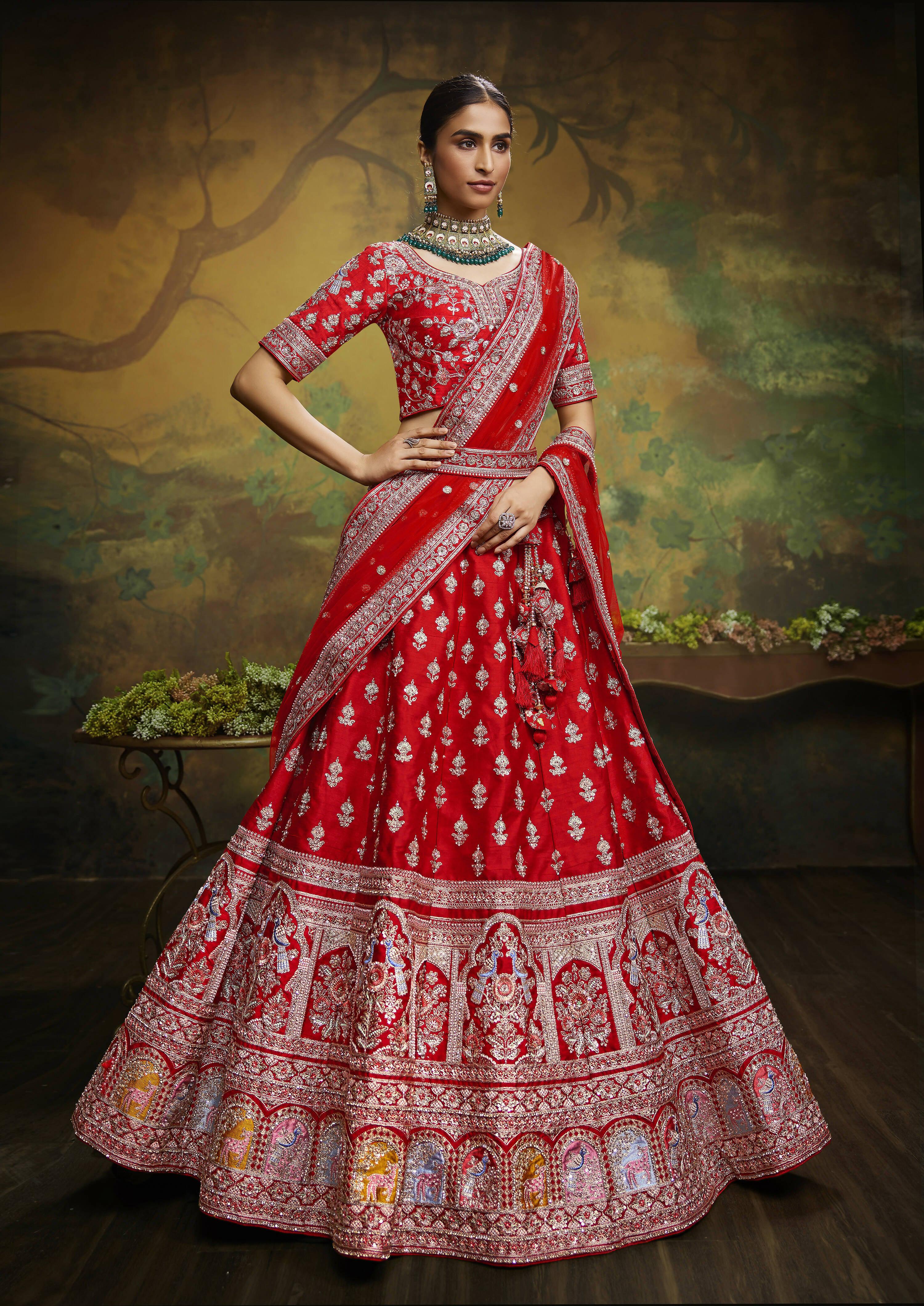 House of Panchhi Red Pure Silk Moti & Zarkan heavy embroidery Lehenga choli & Dupatta | Grocsy