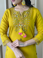 Partywear Designer Chanderi Mustard Stitched Suit With Dupatta - Tanisha | Grocsy
