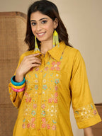 Joban Fashion Women Mustard Roman Silk Embroidered Stitched Kurta Set | Grocsy