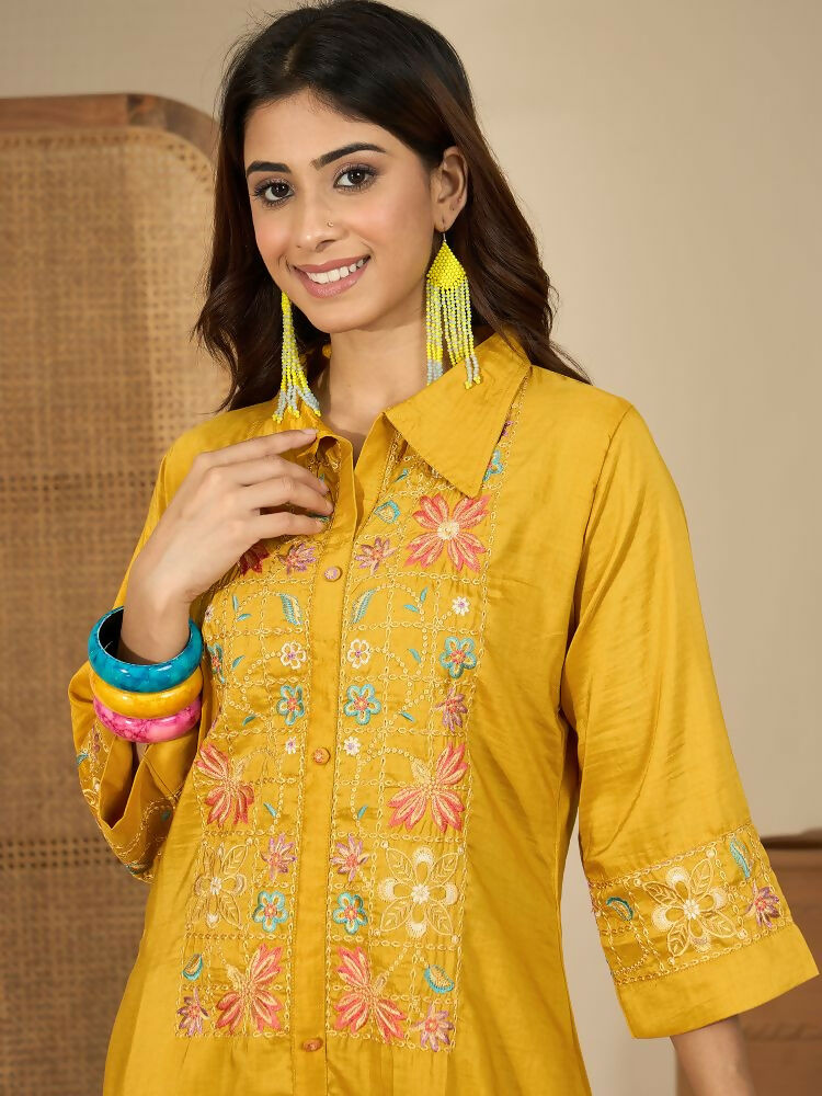Joban Fashion Women Mustard Roman Silk Embroidered Stitched Kurta Set | Grocsy