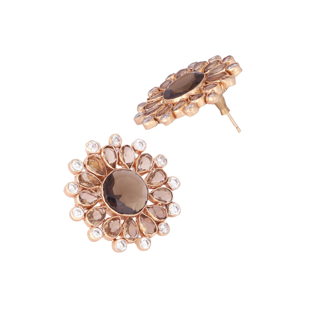 Nuyug 22K Gold Plated Faux Smoky Quartz & White Crystal Studded Contemporary Floral Shaped Studs | Grocsy