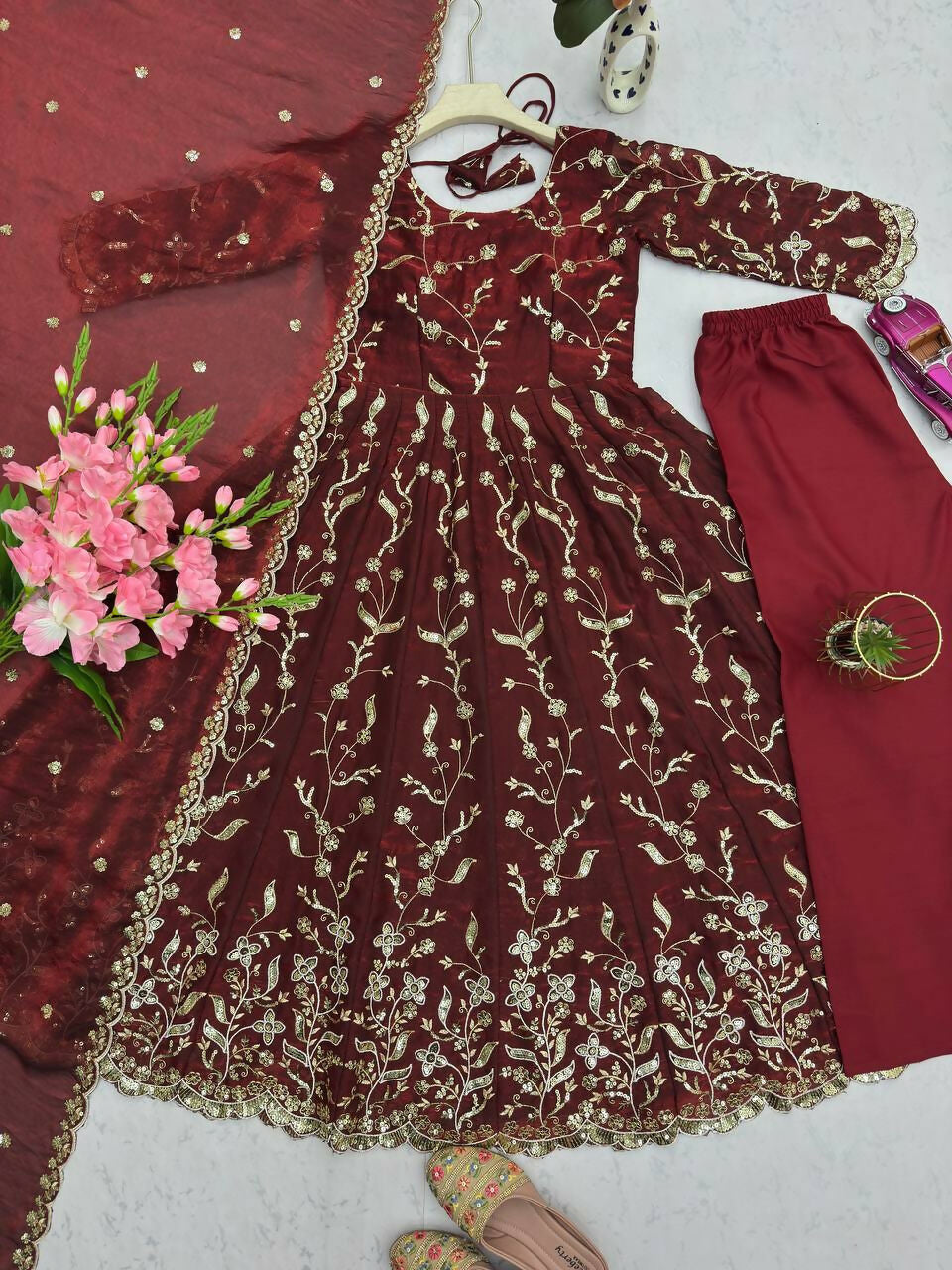 Teeya Creation Maroon Color Faux Georgette Long Party Wear Gown | Grocsy