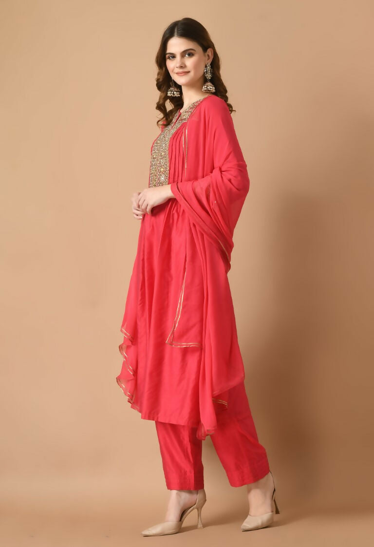 Joban Fashion Red Chanderi Kurta Set | Grocsy