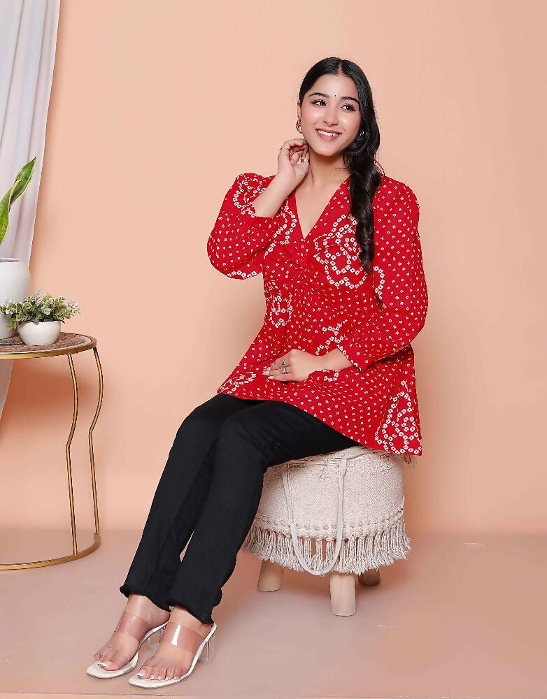 Miravan Womens Red Bandhani Printed Cotton Butterfly Design Top | Grocsy