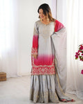 The52 Women's Beautiful Chinon silk Fabric Embroidery Work Straight Kurta Palazzo and Dupatta Set | Grocsy