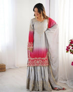 The52 Women's Beautiful Chinon silk Fabric Embroidery Work Straight Kurta Palazzo and Dupatta Set | Grocsy