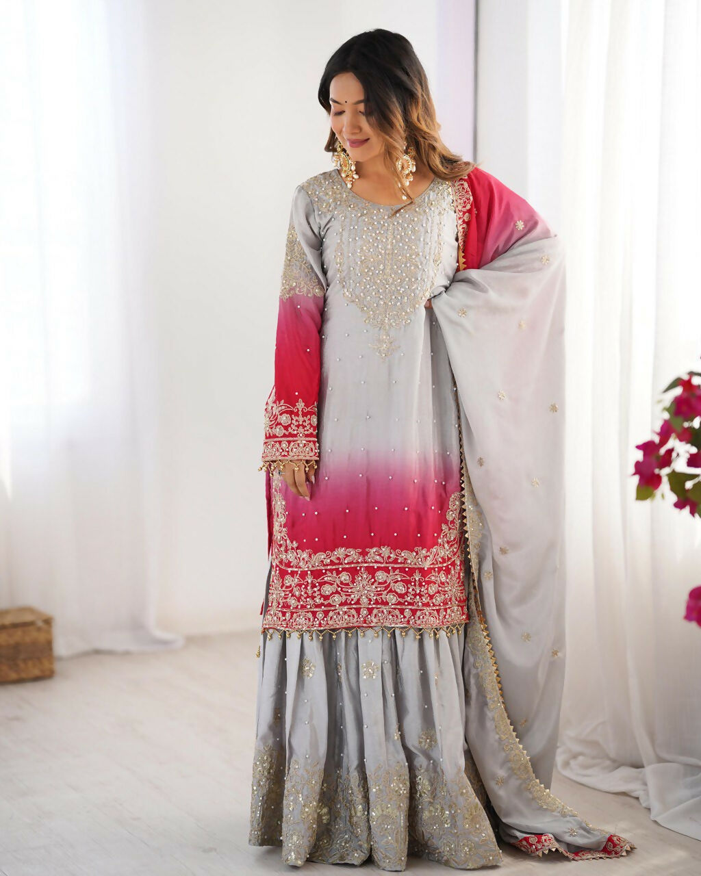 The52 Women's Beautiful Chinon silk Fabric Embroidery Work Straight Kurta Palazzo and Dupatta Set | Grocsy
