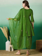 The52 Women's Beautiful Embroidery Work Vichitra Fabric A-line Kurta Pant and Dupatta Set | Grocsy