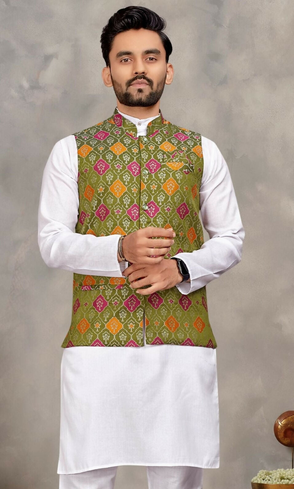 Anaita Mehendi Cotton Straight Kurta Payjama & Koti With Jequard Work | Grocsy