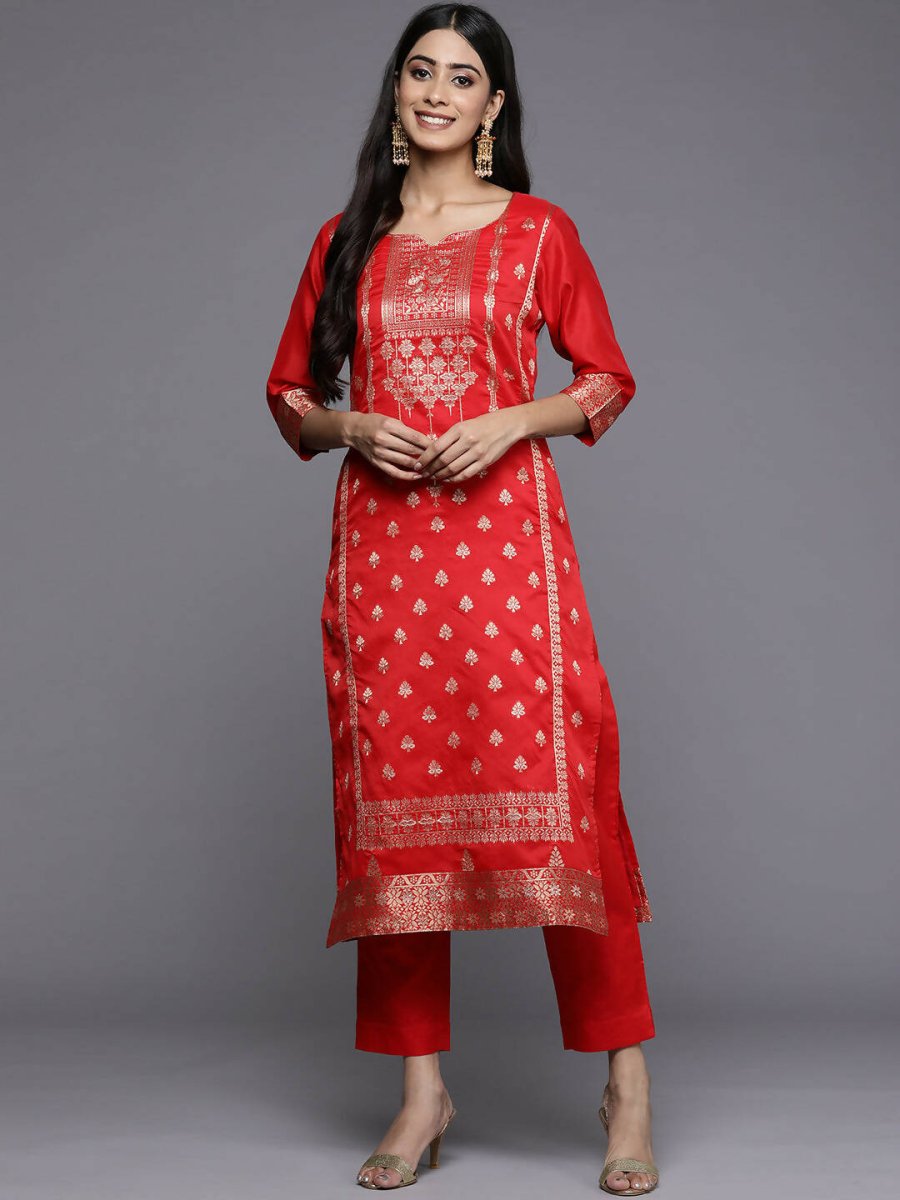 Ahalyaa Women Red Ethnic Motifs Kurta with Trousers | Grocsy