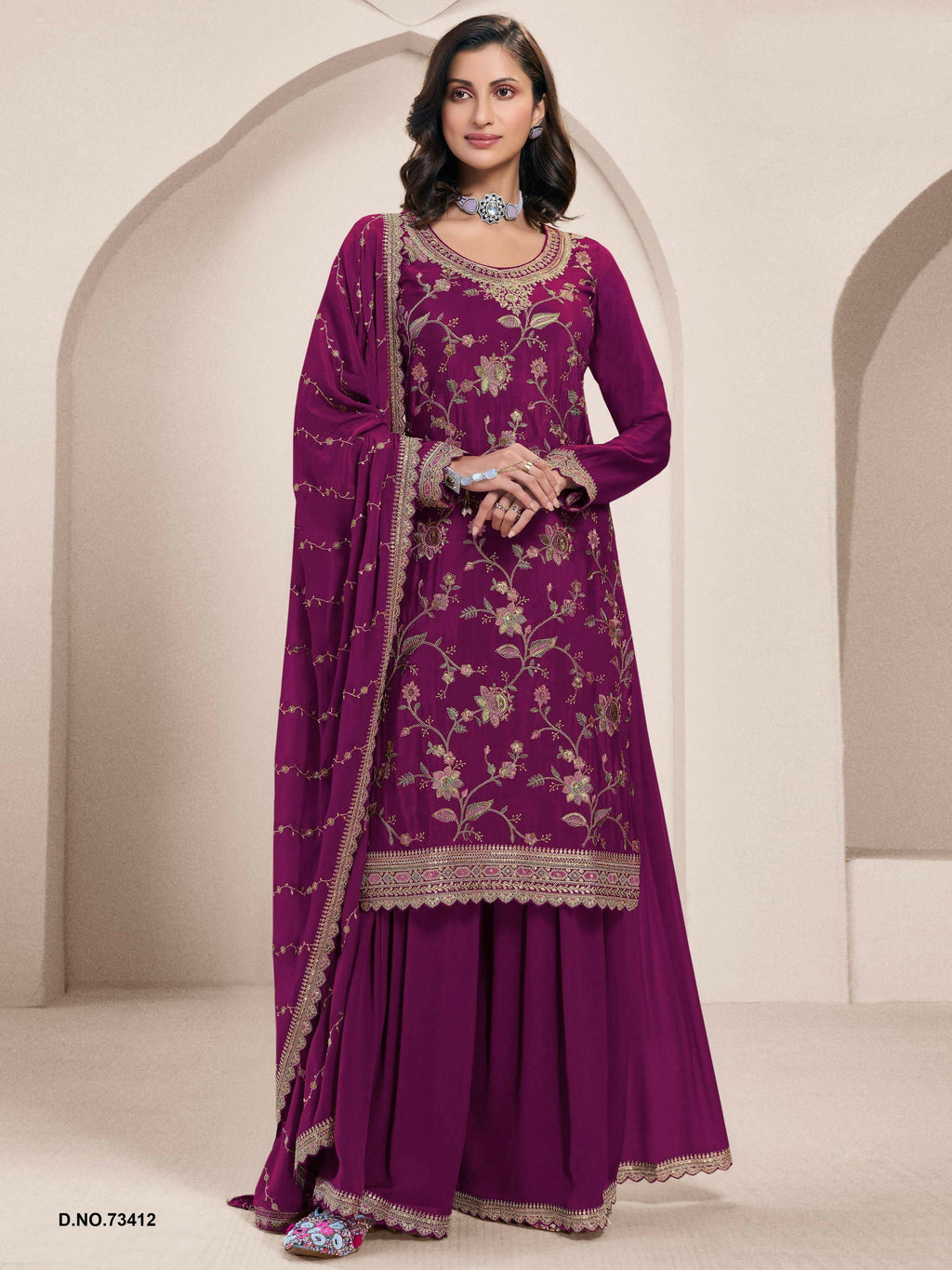 Anaita Wine Heavy Chinon With Embroidery Sharara Suit (bottom Stitched) | Grocsy
