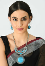 Mominos Fashion Johar Kamal Oxidised Silver-Plated Stone Work Long Necklace Handicraft Sky Blue | Grocsy