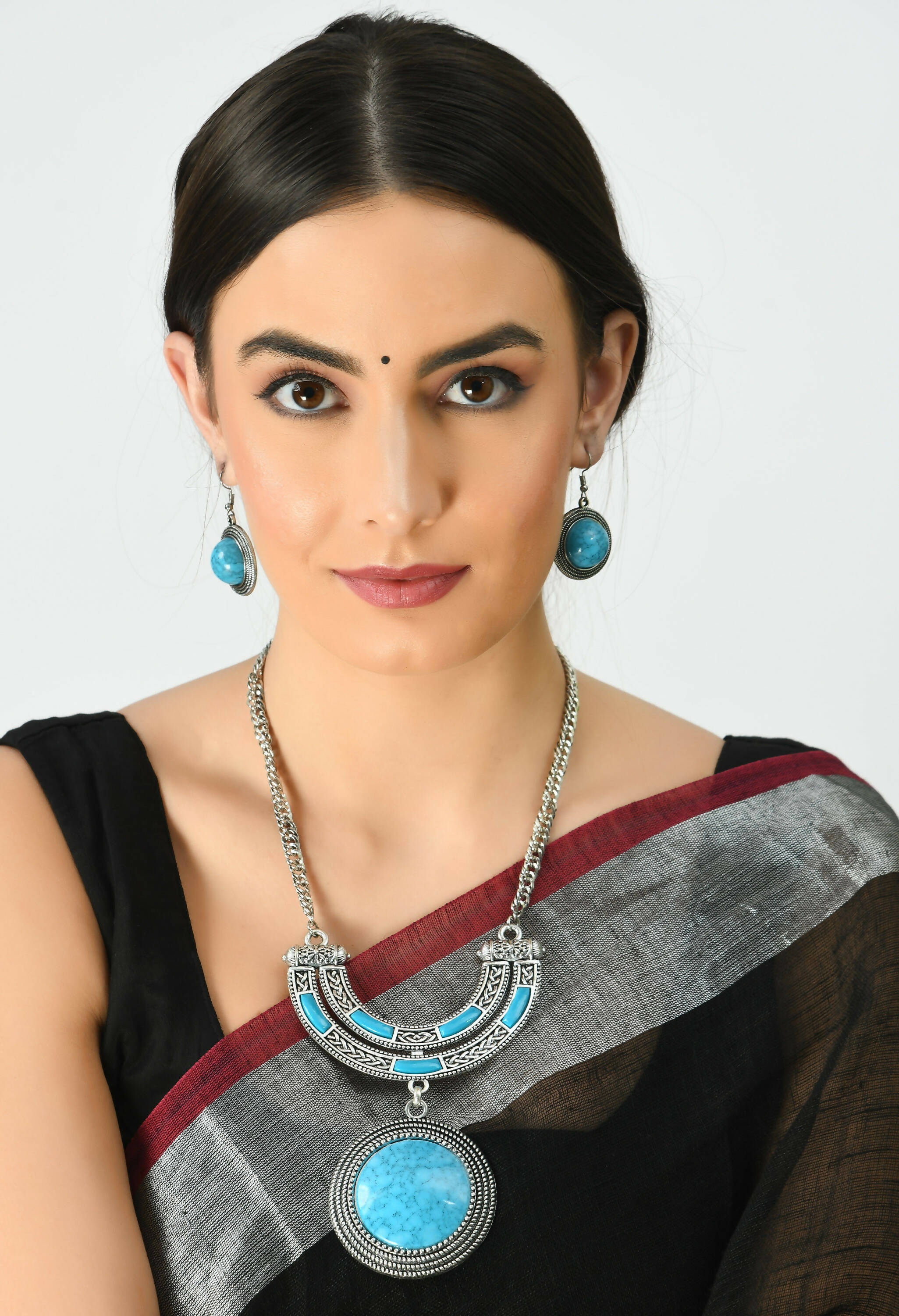 Mominos Fashion Johar Kamal Oxidised Silver-Plated Stone Work Long Necklace Handicraft Sky Blue | Grocsy