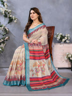 PR Fashion Cream Handloom Linen Cotton Saree | Grocsy