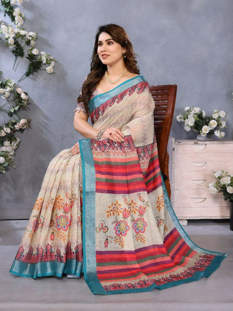 PR Fashion Cream Handloom Linen Cotton Saree | Grocsy