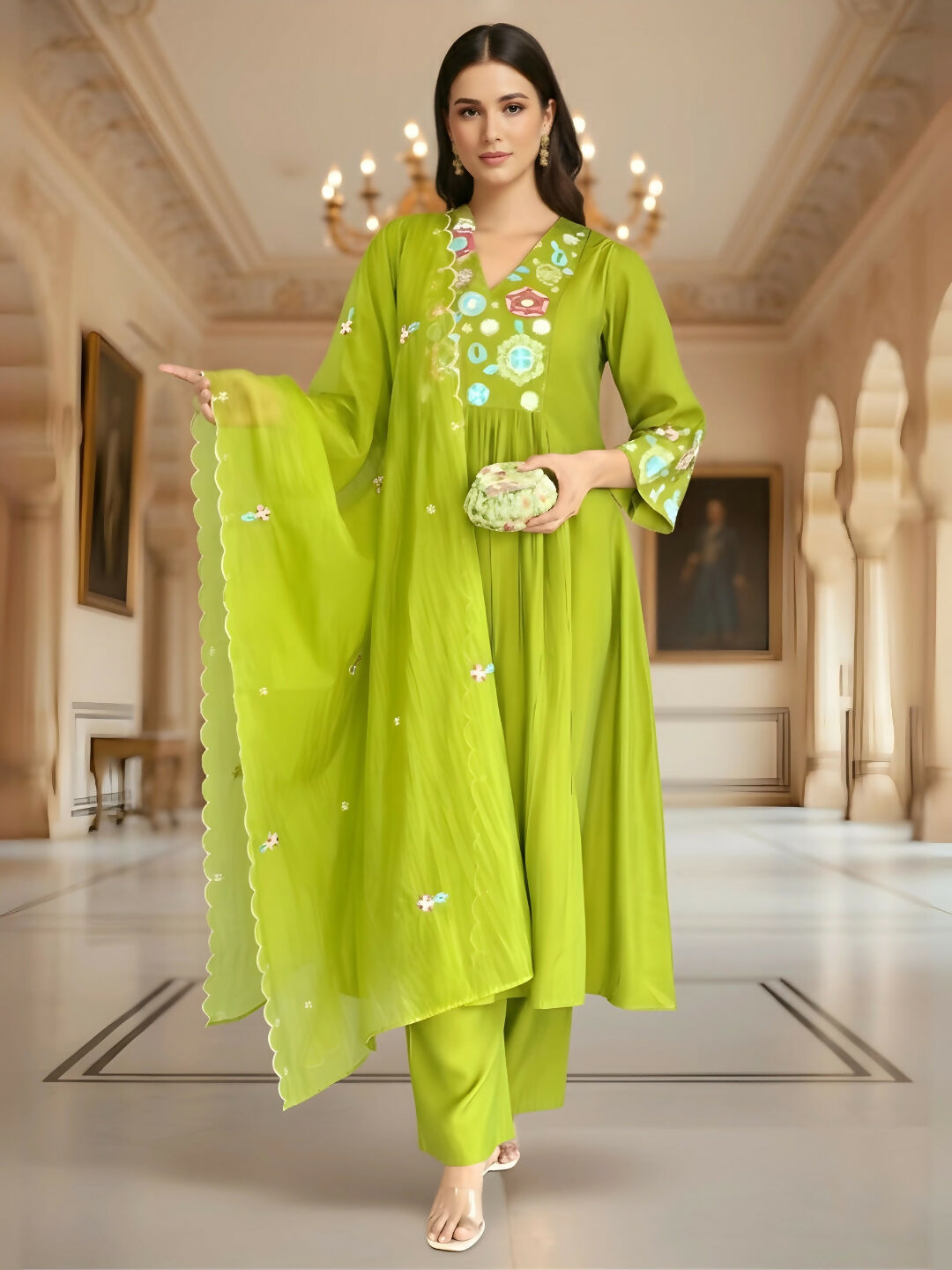 The52 Women's Beautiful Embroidery Work Viscose Silk Fabric Flared Kurta Pant and Dupatta Set-Liril | Grocsy